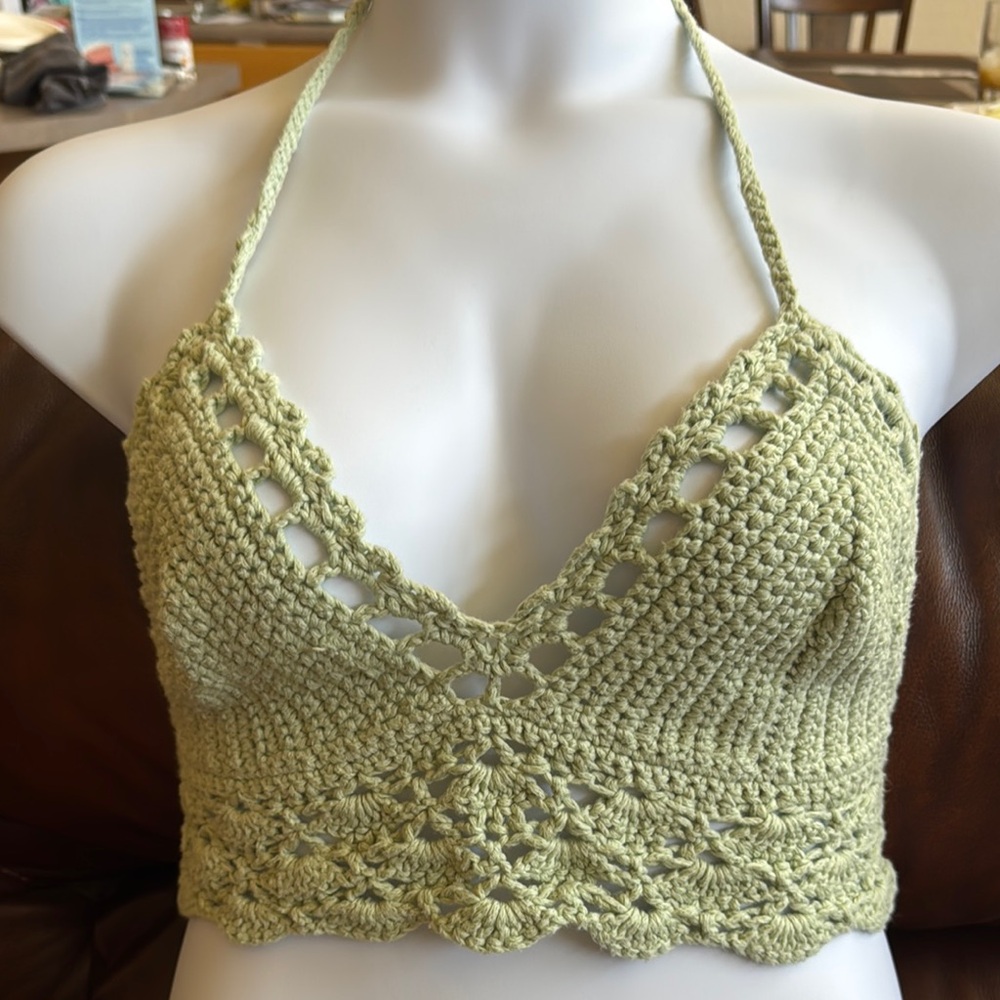 Festival Vibes Handmade Crochet Halter Top in Light Green